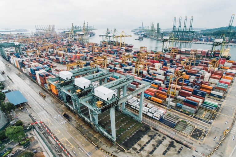 Container ships and freight traffic in a busy Asian harbour