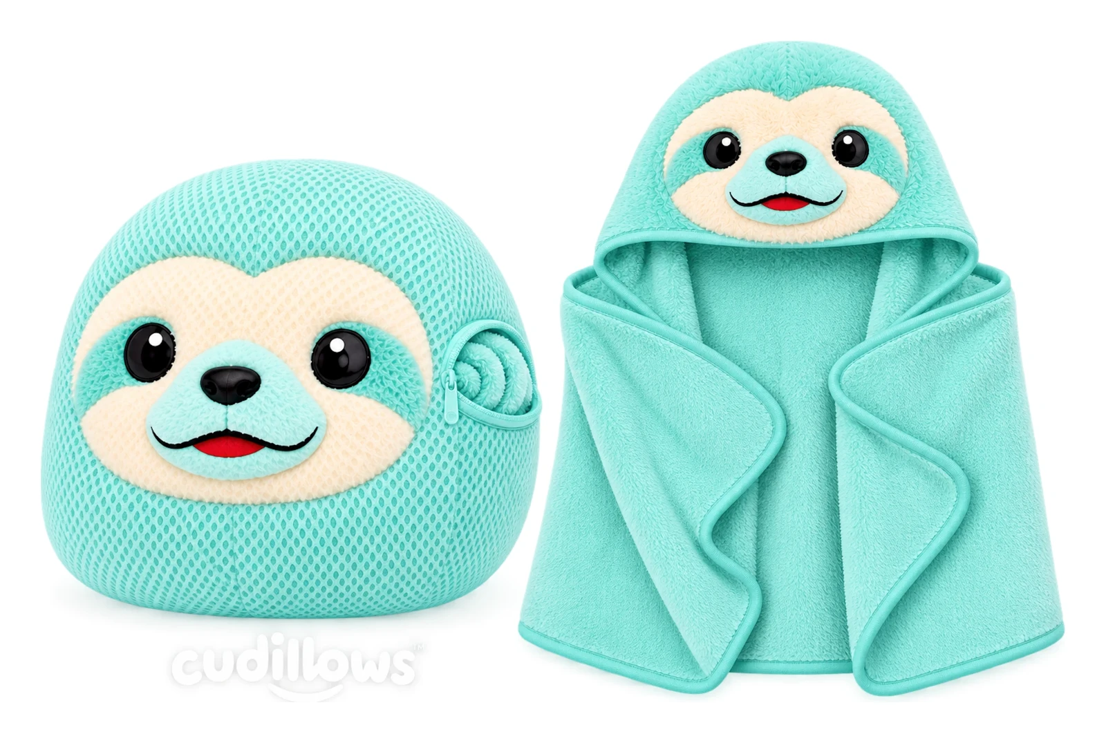 Water-safe Slothy Cudillow beside its hooded sloth towel