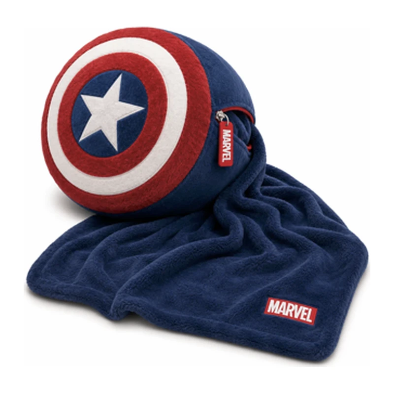 Captain America shield pillow with its navy blanket