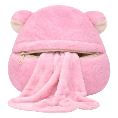 Minky the pink monkey Cudillow, unzipped with its blanket spilling out